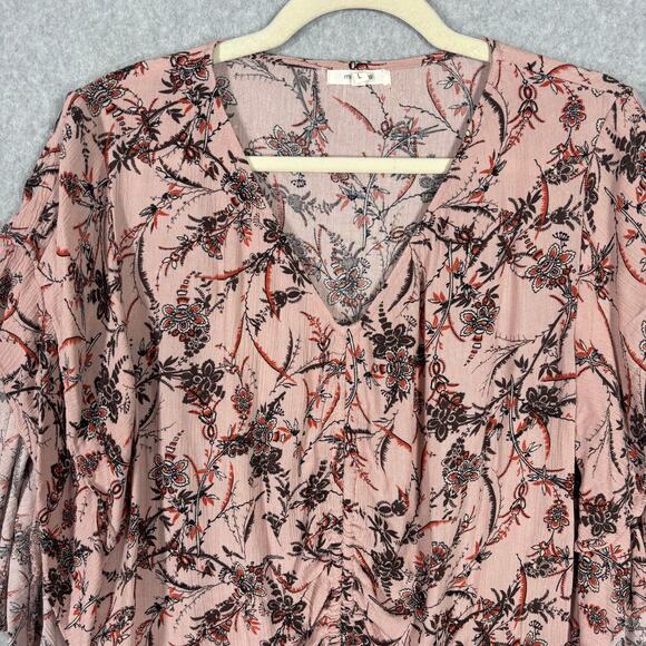Maurices Top Womens Large Pink Floral Blouse Ruffle Ruched Boho Western Cottage - Picture 4 of 12